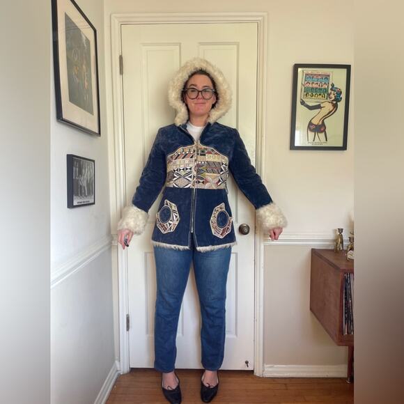 70s Vintage Blue Crush Velvet Penny Lane Style Coat w Faux Fur Trim and Hood - Picture 1 of 10